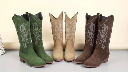 Cowgirl Western Boots for Women – Embroidered Mid-Calf, Pointed Toe and Block Heel