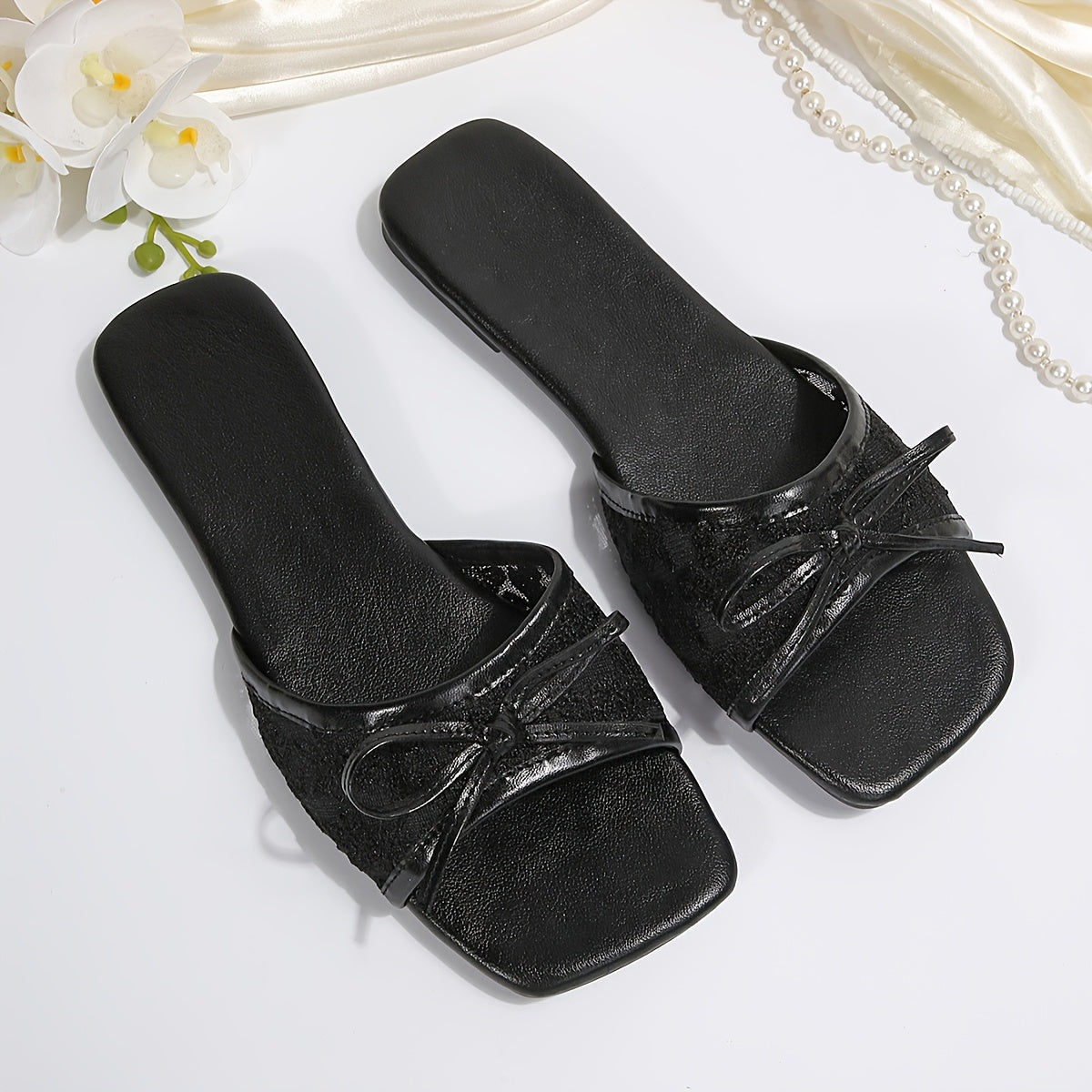 Women's Slide Sandals, French Noir Bow Accent Sheer Mesh Slip-On Open Toe, Low Heel TPR Sole, Suitable for Office Casual Brunch & Summer, Elegant Breathable Footwear with Bow Detail, Hand Washable Flat Slippers