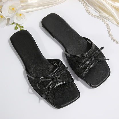 Women's Slide Sandals, French Noir Bow Accent Sheer Mesh Slip-On Open Toe, Low Heel TPR Sole, Suitable for Office Casual Brunch & Summer, Elegant Breathable Footwear with Bow Detail, Hand Washable Flat Slippers