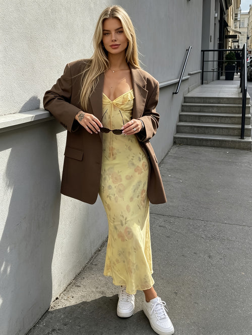 2026 Summer New Women'S Floral Print Mesh Long Lemon Yellow Adjustable Shoulder Strap Dress, French V-Neck Tie-Up Ruffle Suspender Slim Sexy Long Skirt, Vacation, Party, Beach, Music Festival, Birthday, Coming-Of-Age Ceremony