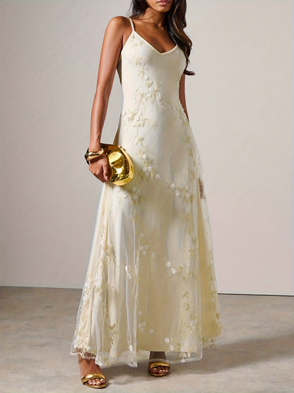 Maxi Slip Dress, Mesh Embroidered, Rehearsal Dinner Dress Wedding Guest Dress, Summer Fall