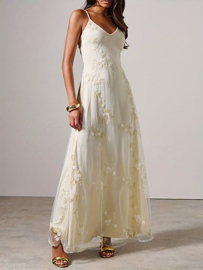 Maxi Slip Dress, Mesh Embroidered, Rehearsal Dinner Dress Wedding Guest Dress, Summer Fall