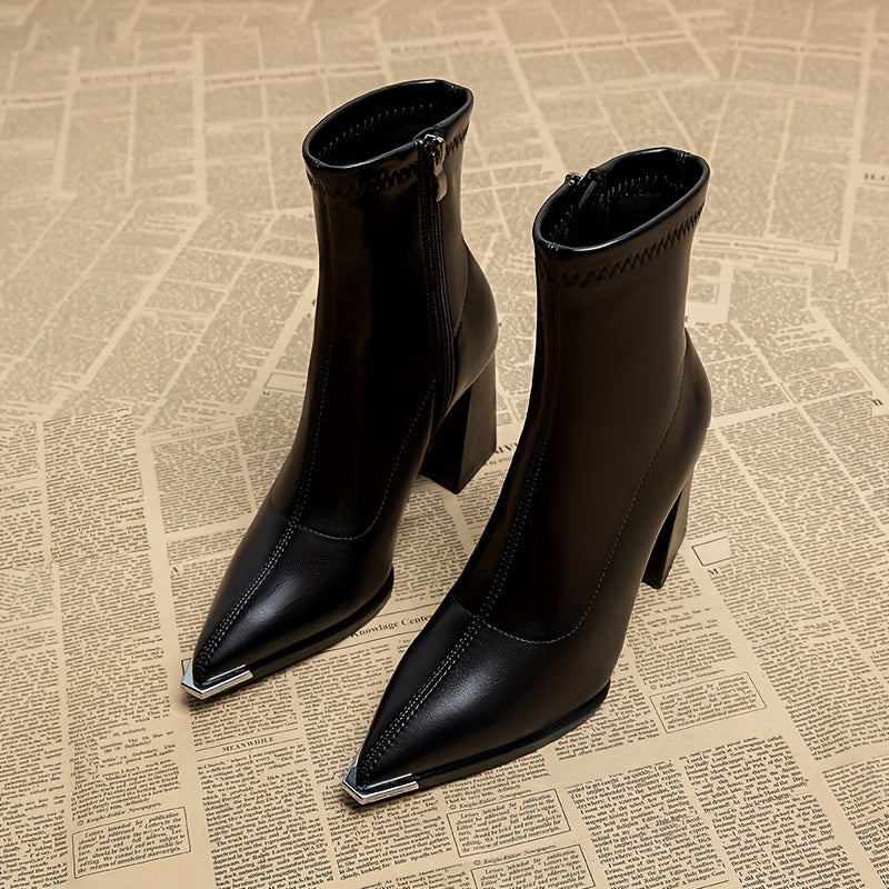 Ankle Boots for Women Pointed Toe Chunky Heel Side Zip Boots for Work Evening