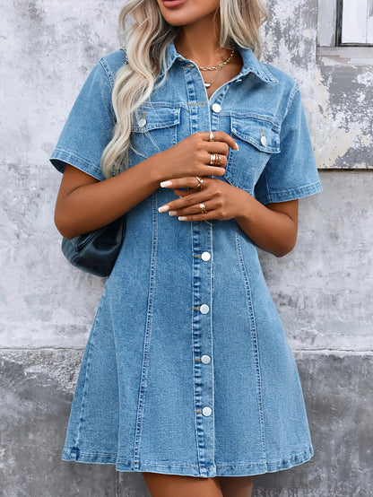 Fitted Single-Button Short Sleeve Denim Dress, Elegant