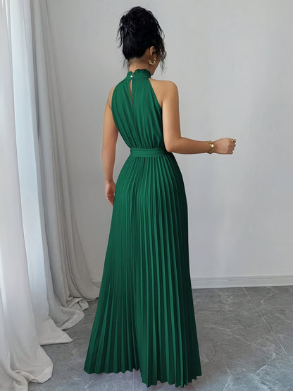 YY0328347, Women's Romantic Elegant A-Line Dress, Sleeveless Pleated Waist-cinching Long Dress