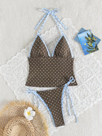 Women's Polka Dot Print Halter Neck Tankini Swimsuit Set, Bohemian Style Backless Knotted Tube Top Halter Bikini, Women's Polka Dot High-Stretch Reversible Design, Free Color Block Mix & Match, Beach Bikini