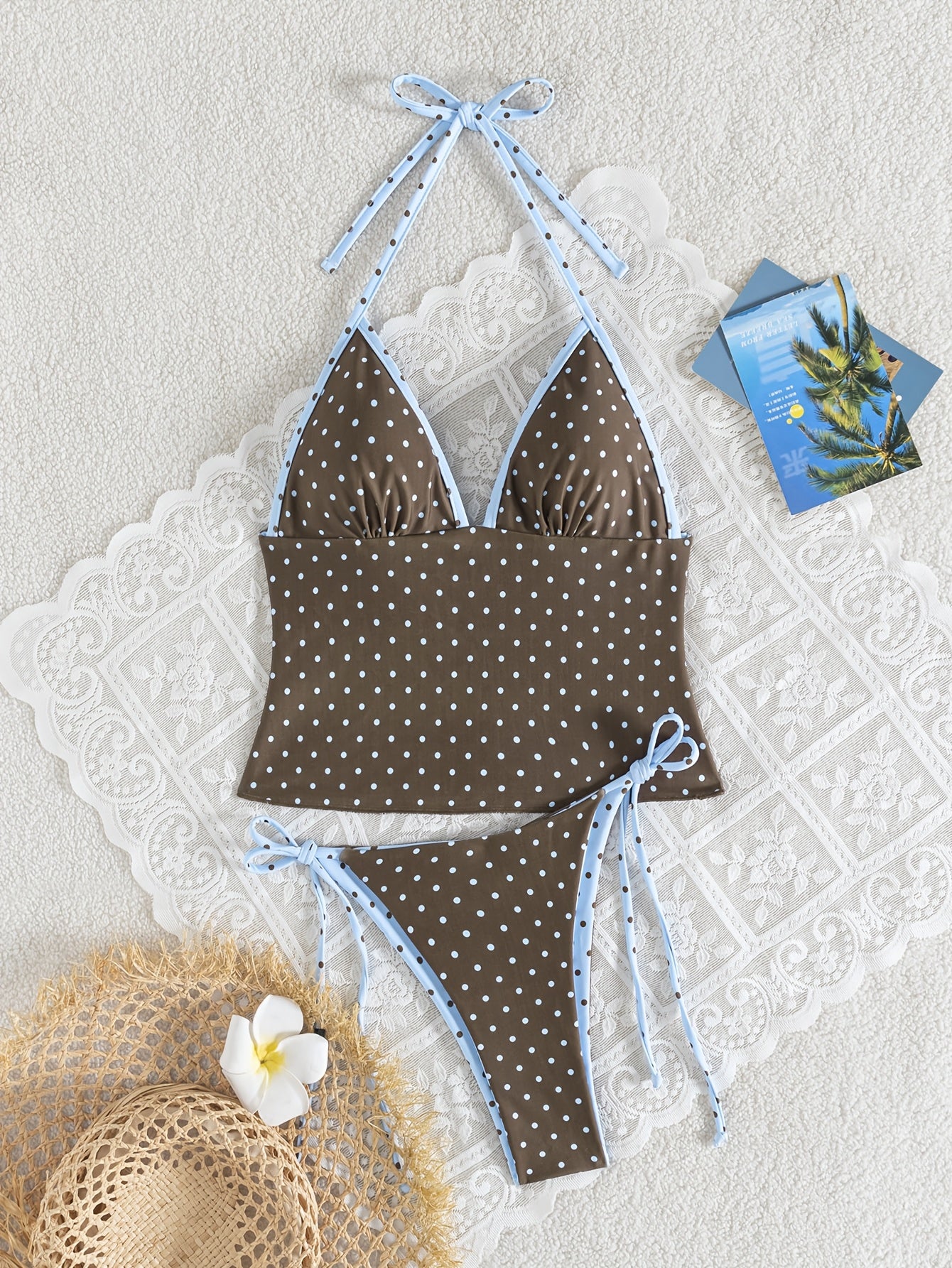 Women's Polka Dot Print Halter Neck Tankini Swimsuit Set, Bohemian Style Backless Knotted Tube Top Halter Bikini, Women's Polka Dot High-Stretch Reversible Design, Free Color Block Mix & Match, Beach Bikini