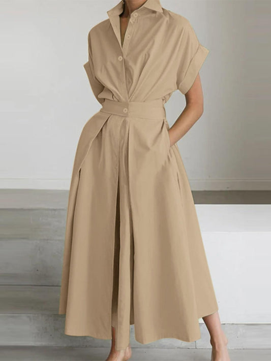 Women'S OL Style Solid Color Lapel Short Sleeve Front Buttons Up Waist Swing Street Style Easy All-Match Lightweight Casual Shirt Dress