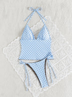 Women's Polka Dot Print Halter Neck Tankini Swimsuit Set, Bohemian Style Backless Knotted Tube Top Halter Bikini, Women's Polka Dot High-Stretch Reversible Design, Free Color Block Mix & Match, Beach Bikini