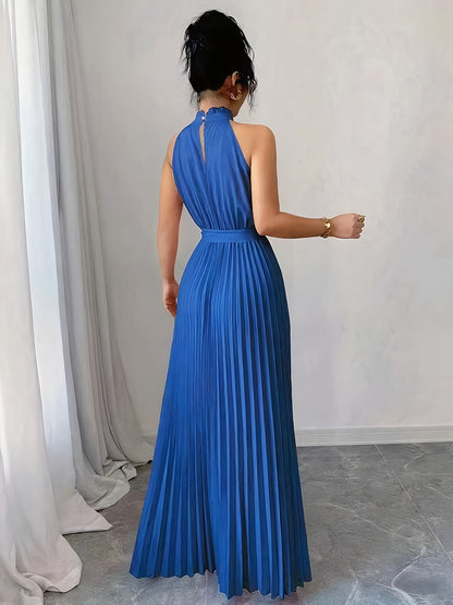 YY0328347, Women's Romantic Elegant A-Line Dress, Sleeveless Pleated Waist-cinching Long Dress