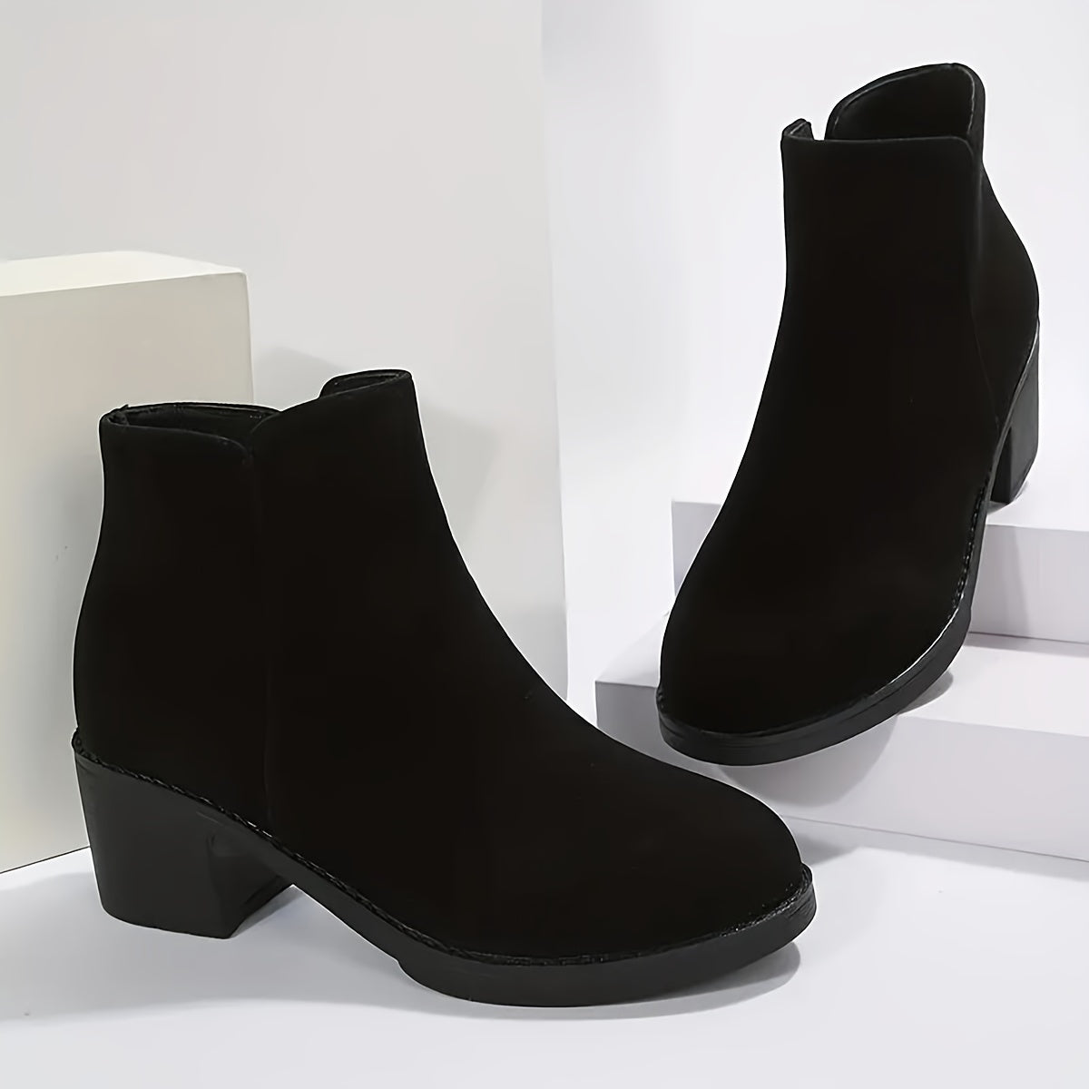 Black Ankle Boots for Women Chunky Heel Side Zip Boots for Work Everyday Autumn Winter