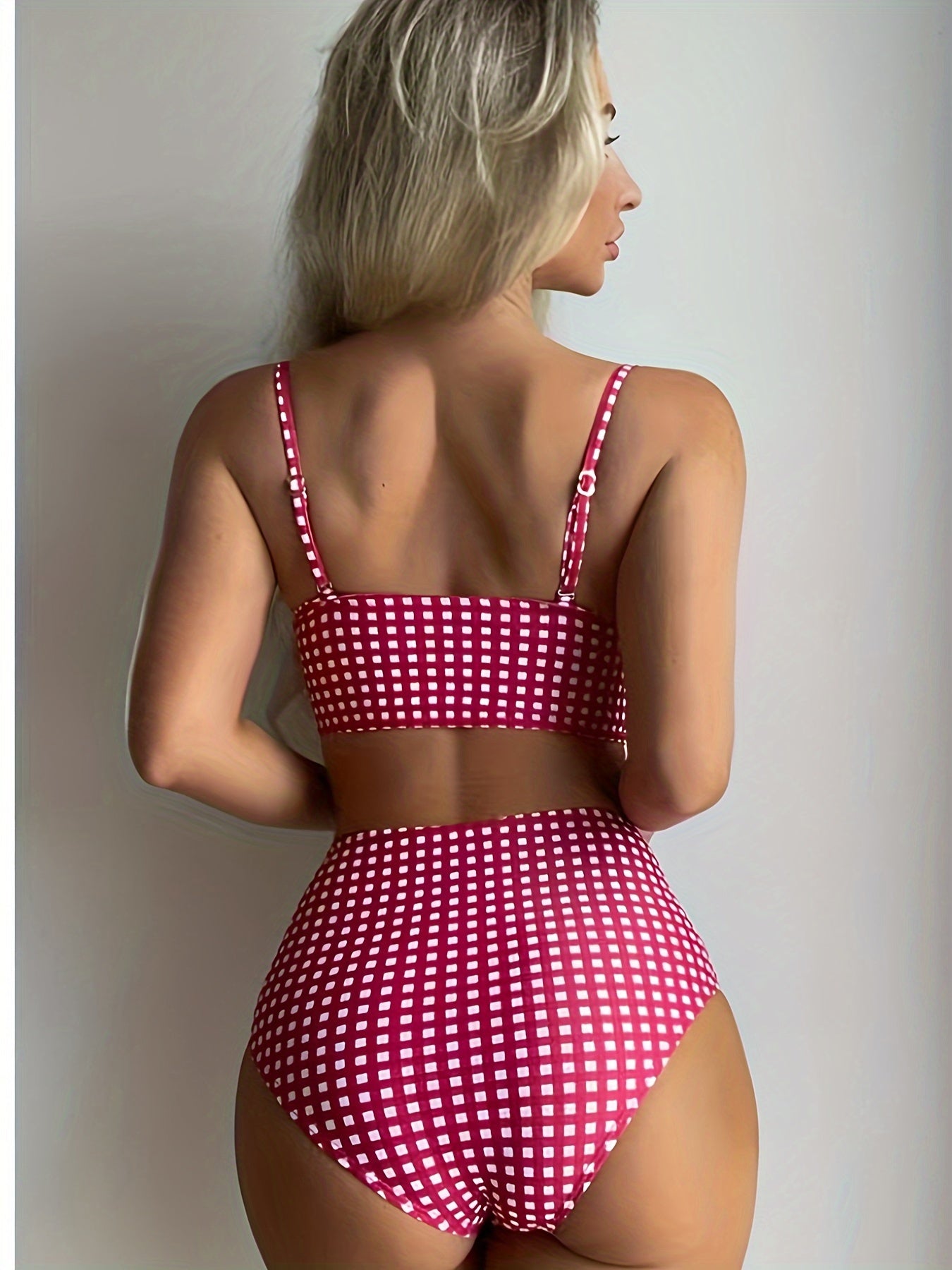 2024 New Bikini Swimsuit Women'S European And American Sexy Red Plaid Split High-Waisted Bikini