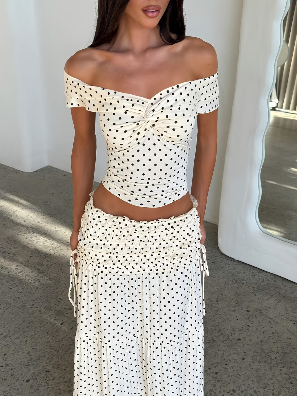 Summer Women'S Skirt Set Polka Dot Off-Shoulder Top High-Waist Fishtail Skirt Two-Piece Set
