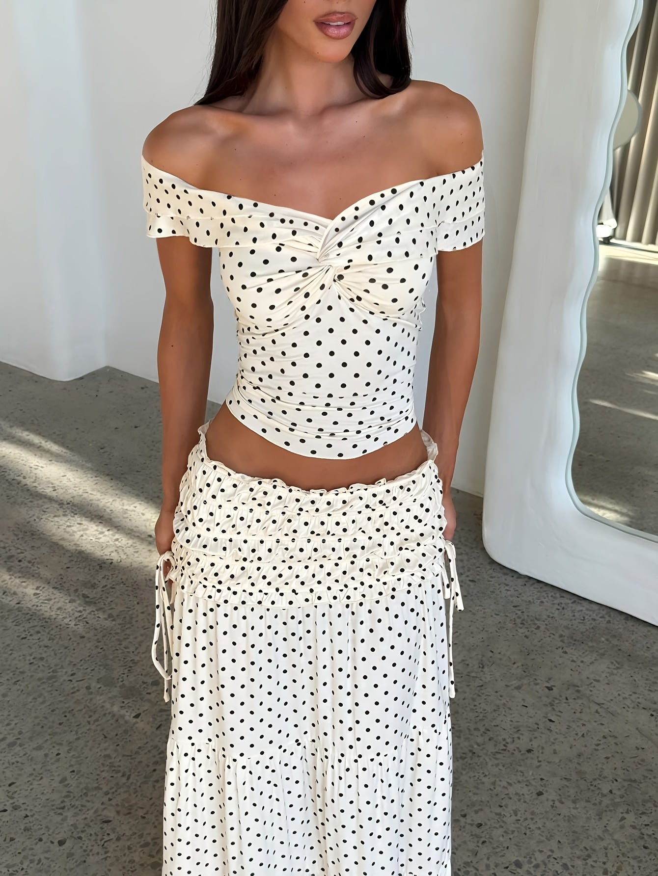 Summer Women'S Skirt Set Polka Dot Off-Shoulder Top High-Waist Fishtail Skirt Two-Piece Set