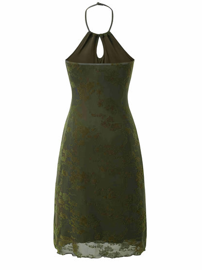 Midi Dress for Women Floral Flocked Tulle Backless Mesh Dress for Wedding Guest Events