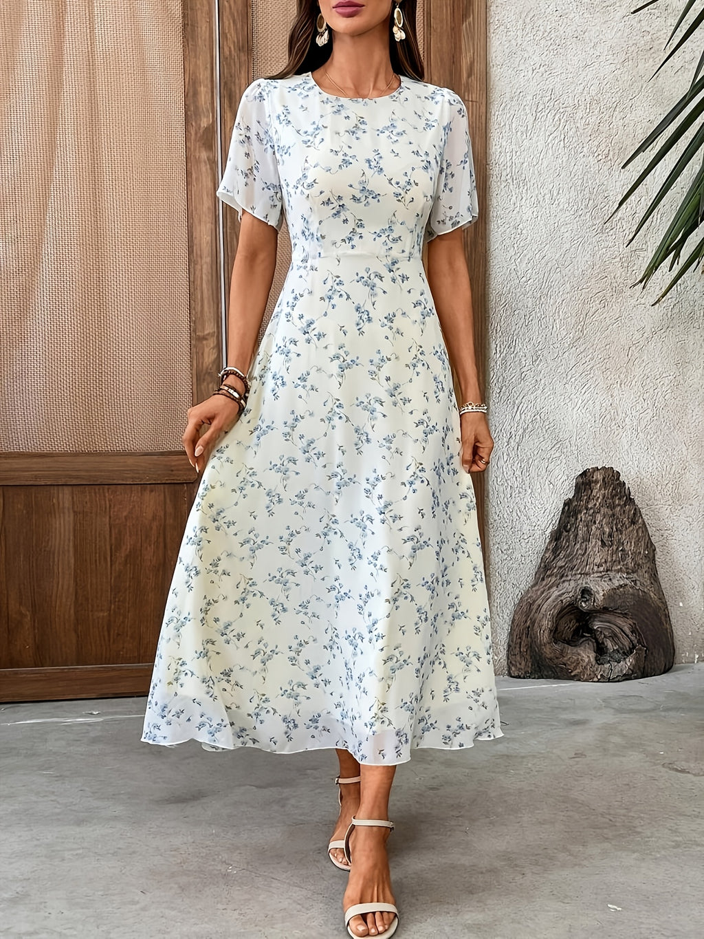 Women's Elegant Mini Floral Round Neck Short Sleeve Midi Dress, Summer Women's Clothing, Birthday Dress