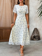 Women's Elegant Mini Floral Round Neck Short Sleeve Midi Dress, Summer Women's Clothing, Birthday Dress