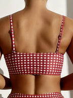 2024 New Bikini Swimsuit Women'S European And American Sexy Red Plaid Split High-Waisted Bikini