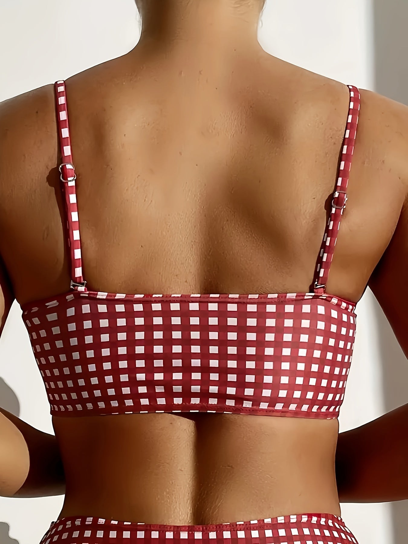 2024 New Bikini Swimsuit Women'S European And American Sexy Red Plaid Split High-Waisted Bikini