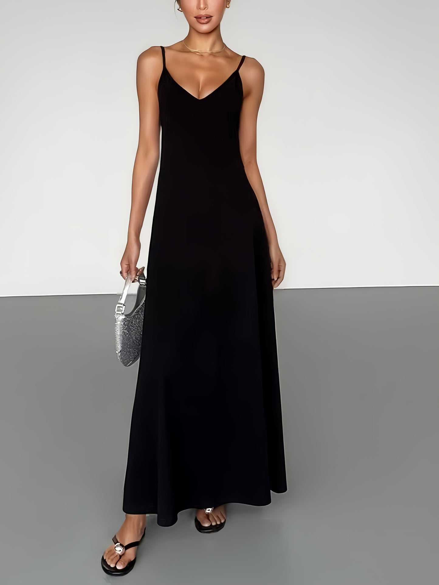 Black Maxi Dress for Women Spaghetti Strap Backless Slim Fit Dress for Party Evening