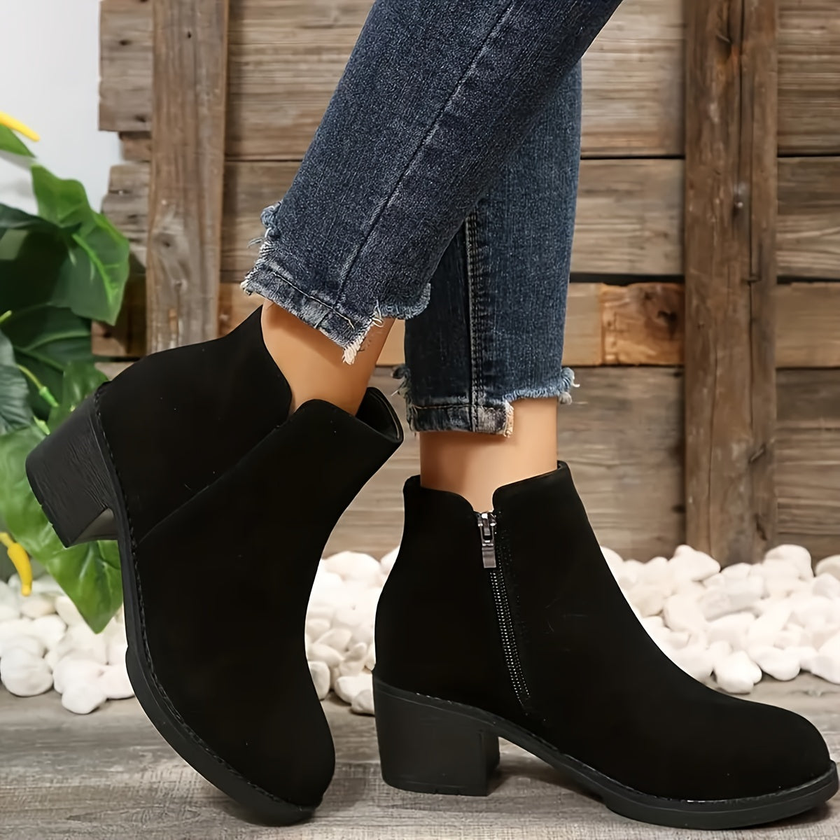Elegant Black Ankle Boots for Women Zip Chunky Heel for Work Weekend Autumn