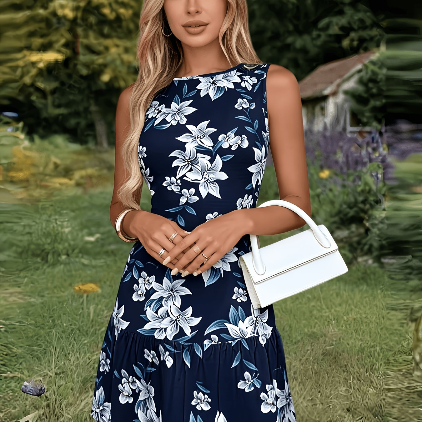Round Neck, Cinched Waist, Gathered Hem with a Flowing A-line Skirt, Made of a Polyester-spandex, Machine Washable, Suitable for Casual Wear, Vacations, Parties, and Home Life