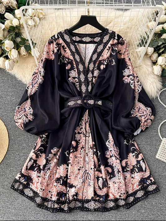 Floral Long Sleeve Mini Dress for Women – V-Neck, Lantern Sleeves, A-Line Fit and Waist Belt