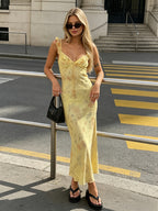 2026 Summer New Women'S Floral Print Mesh Long Lemon Yellow Adjustable Shoulder Strap Dress, French V-Neck Tie-Up Ruffle Suspender Slim Sexy Long Skirt, Vacation, Party, Beach, Music Festival, Birthday, Coming-Of-Age Ceremony