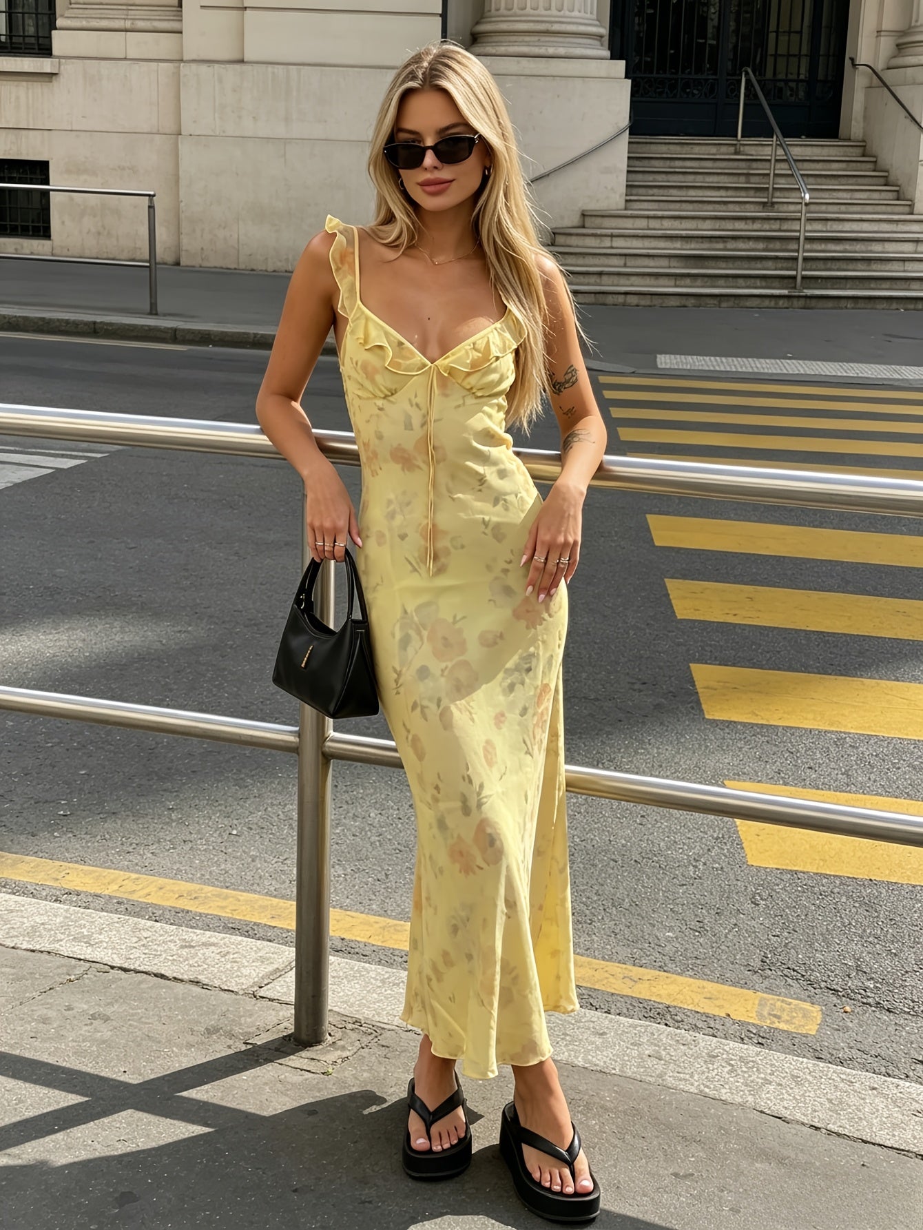 2026 Summer New Women'S Floral Print Mesh Long Lemon Yellow Adjustable Shoulder Strap Dress, French V-Neck Tie-Up Ruffle Suspender Slim Sexy Long Skirt, Vacation, Party, Beach, Music Festival, Birthday, Coming-Of-Age Ceremony