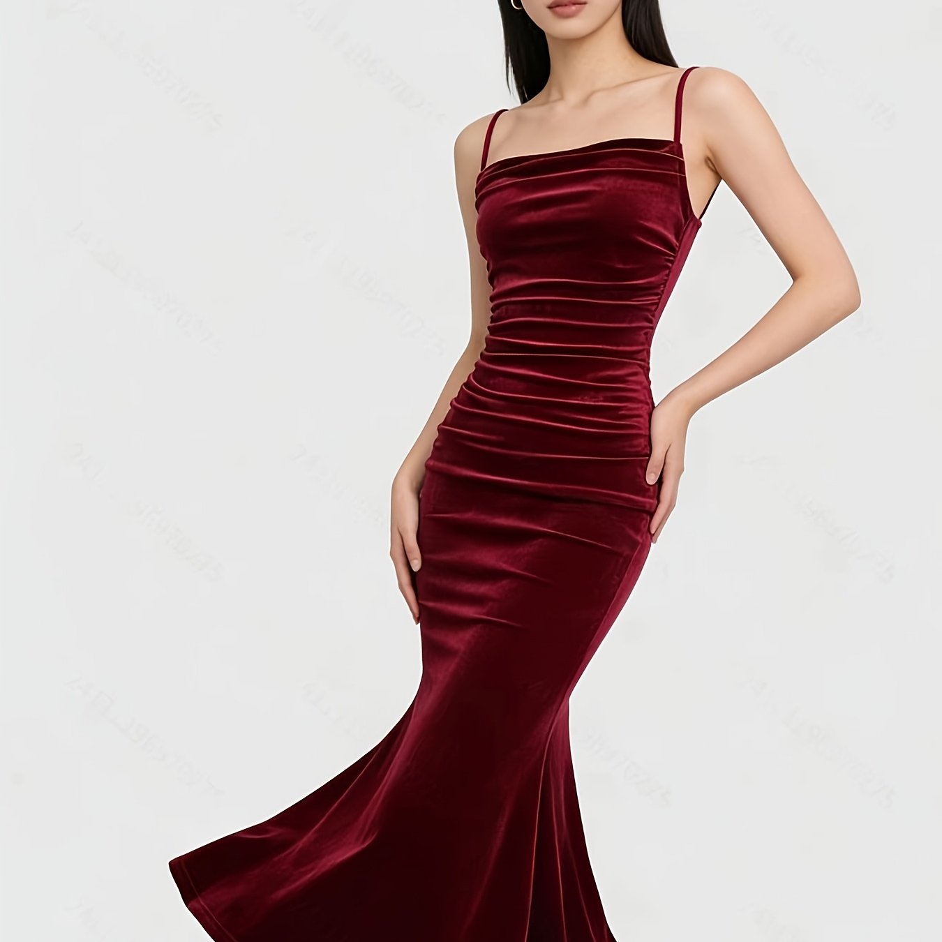 Party Dress for Women Ruched Spaghetti Strap Burgundy Midi Dress for Birthday Dinner Events