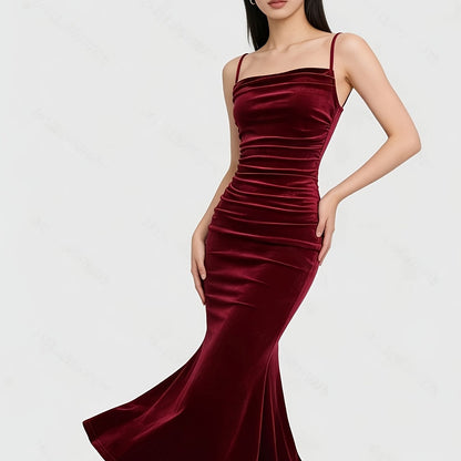 Party Dress for Women Ruched Spaghetti Strap Burgundy Midi Dress for Birthday Dinner Events