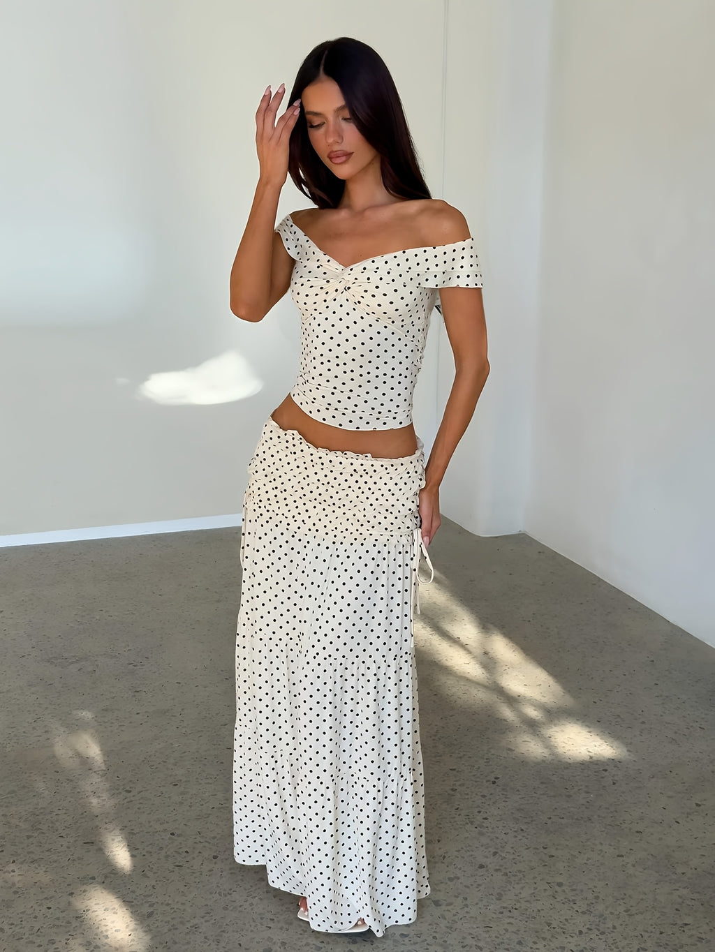 Summer Women'S Skirt Set Polka Dot Off-Shoulder Top High-Waist Fishtail Skirt Two-Piece Set