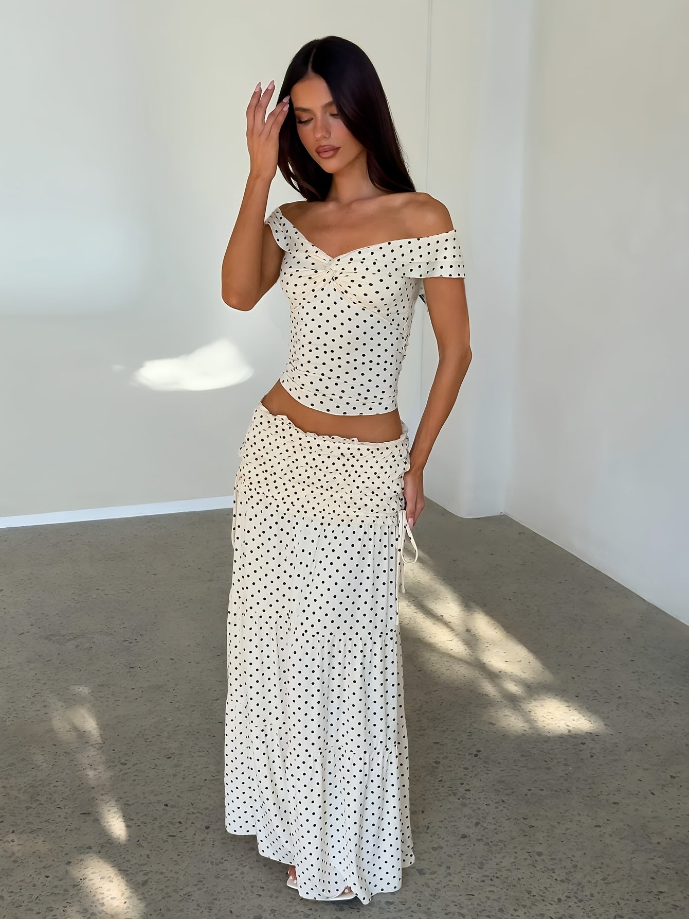Summer Women'S Skirt Set Polka Dot Off-Shoulder Top High-Waist Fishtail Skirt Two-Piece Set