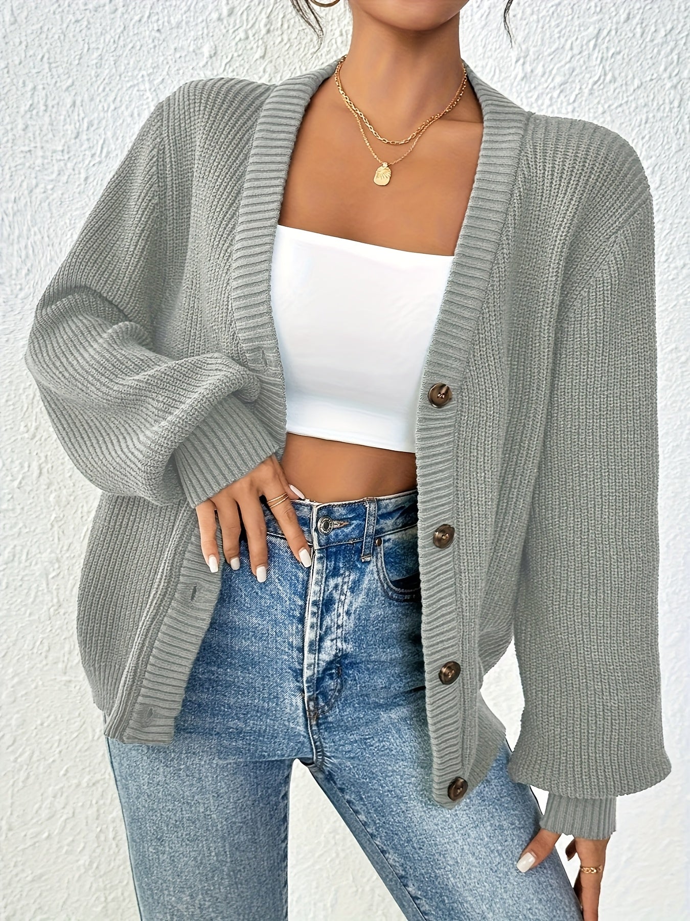 Self-designed Elegant Women's Solid Color Front-button Cardigan Sweater Coat for Spring and Autumn