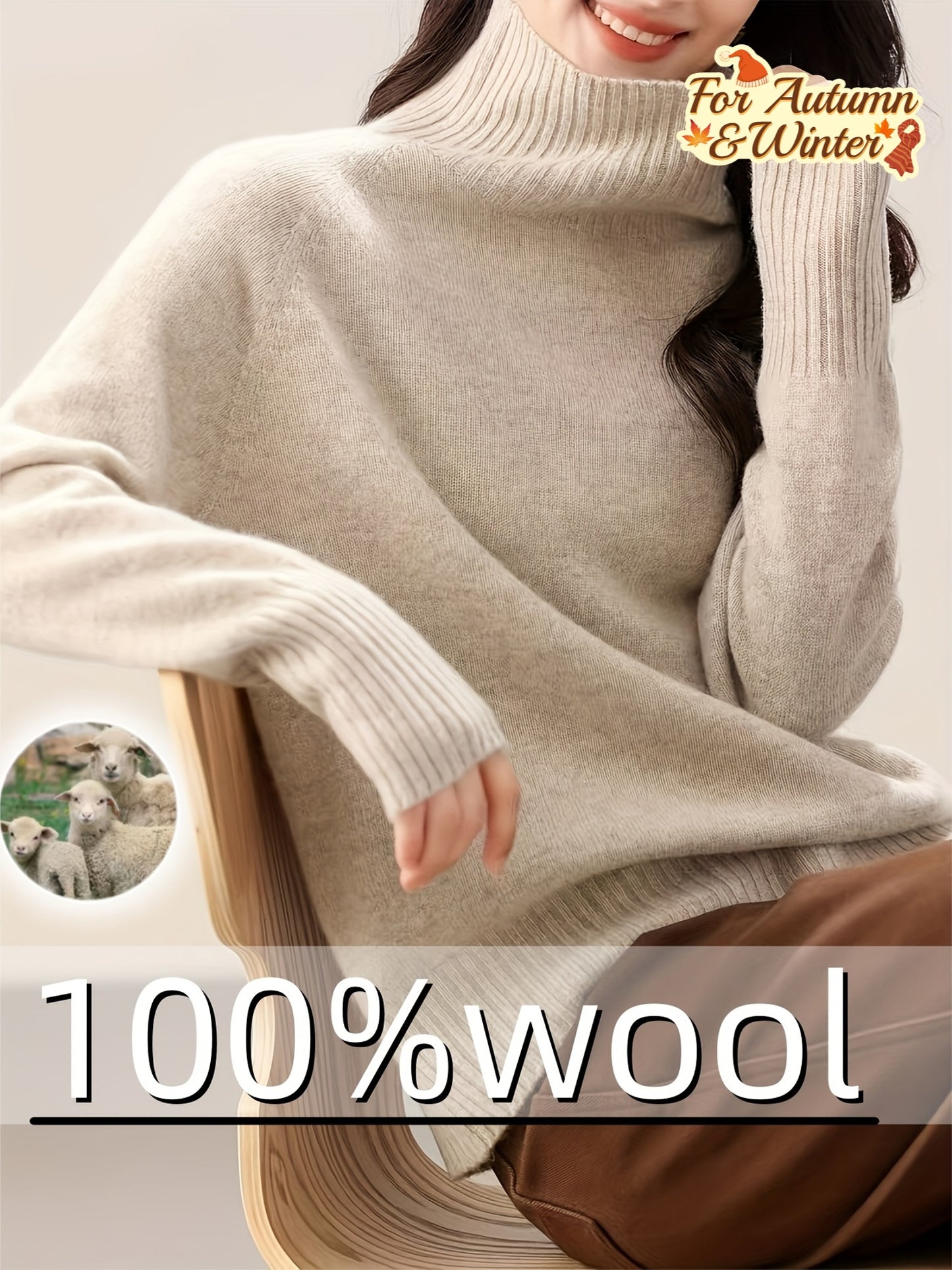 100% Wool Seamless High Neck Sweater - Loose Fit Sleeve Pullover with Micro-Stretch, Solid Color Top for Autumn Winter, Middle Eastern-Inspired Casual Chic Style