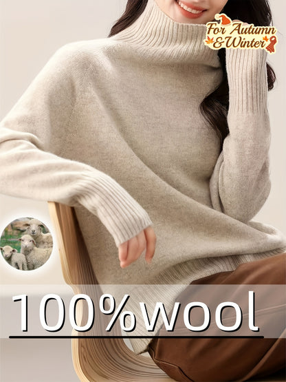 100% Wool Seamless High Neck Sweater - Loose Fit Sleeve Pullover with Micro-Stretch, Solid Color Top for Autumn Winter, Middle Eastern-Inspired Casual Chic Style