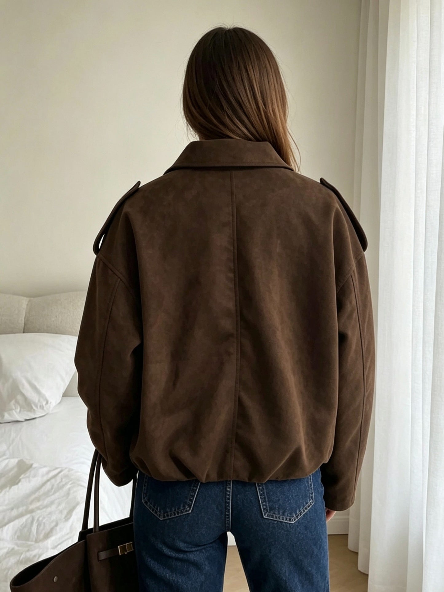 Cropped Jacket for Women Drop Shoulder Zip Jacket with Lapel for Autumn Smart Casual