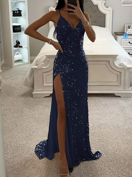 Sequin Dress for Women Spaghetti Strap High Split Party Dress for Birthday Evening Events