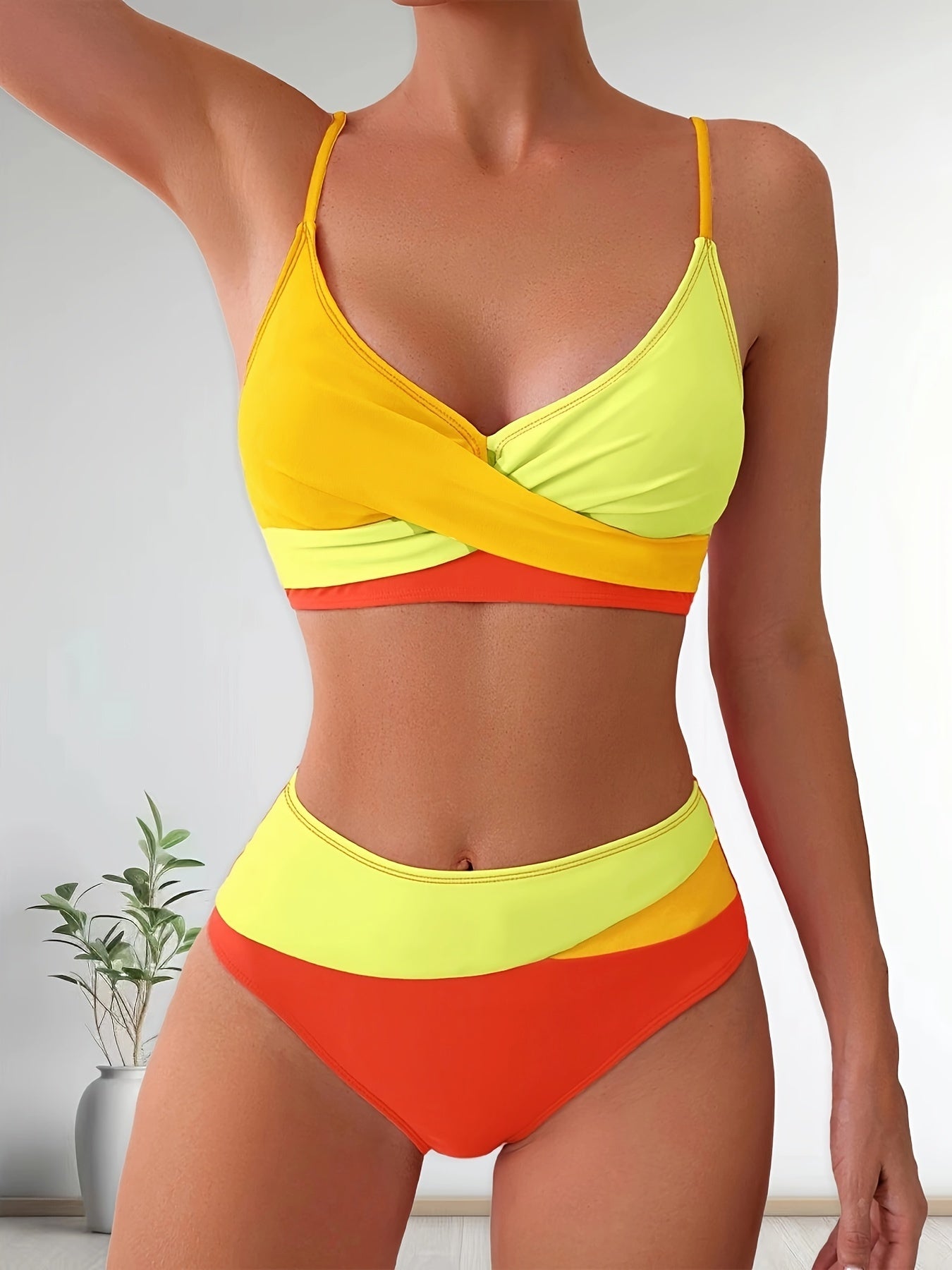 Solid Color Patchwork High-Waisted Sexy Bikini Split Swimsuit Swimwear