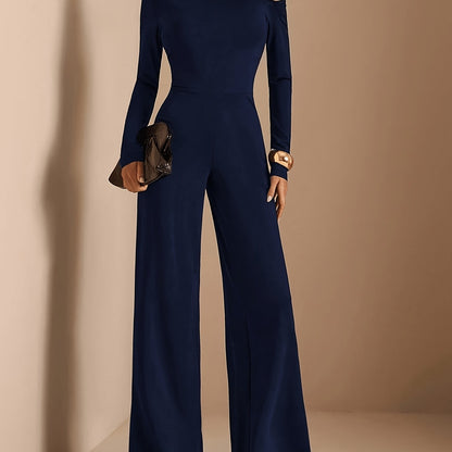 [Asymmetric Off-Shoulder Romper] Women's Elegant Asymmetric Off Shoulder Long Sleeve Wide Leg Romper - Solid Black Casual Jumpsuit for Spring Summer