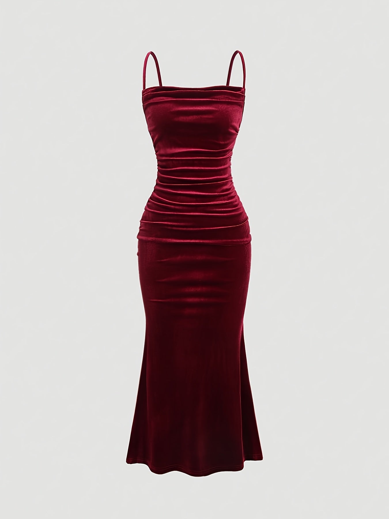 Party Dress for Women Ruched Spaghetti Strap Burgundy Midi Dress for Birthday Dinner Events