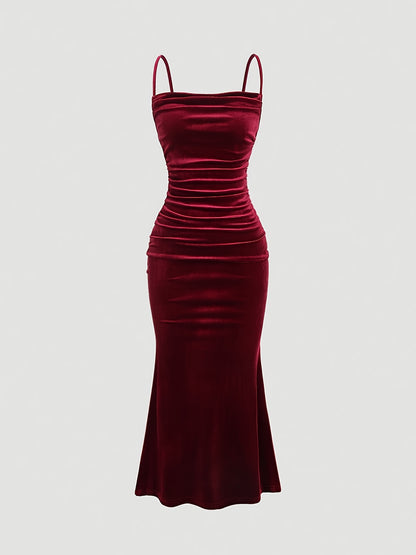 Party Dress for Women Ruched Spaghetti Strap Burgundy Midi Dress for Birthday Dinner Events