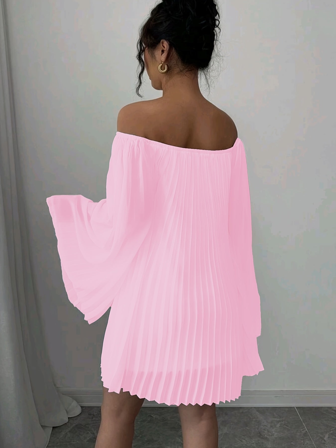 Women'S Elegant Off-Shoulder Ruched Long Sleeve Chiffon Dress