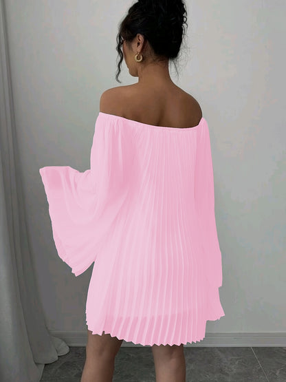 Women'S Elegant Off-Shoulder Ruched Long Sleeve Chiffon Dress