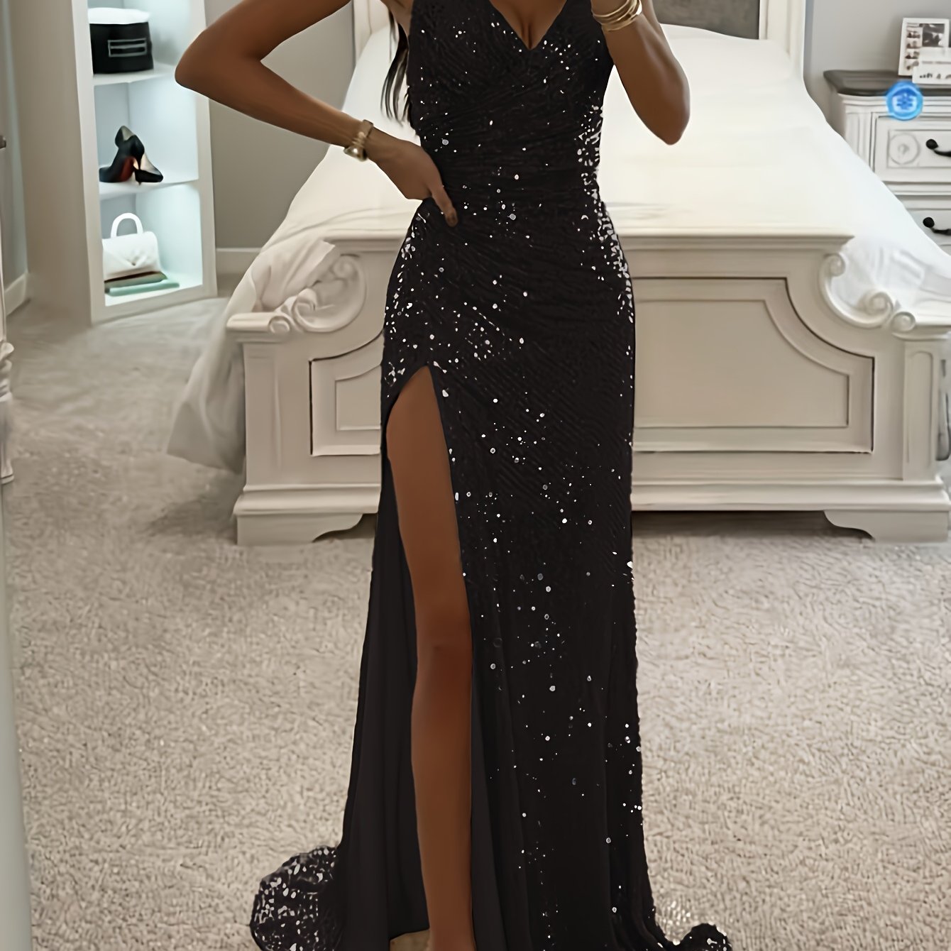 Sequin Dress for Women Spaghetti Strap High Split Party Dress for Birthday Evening Events