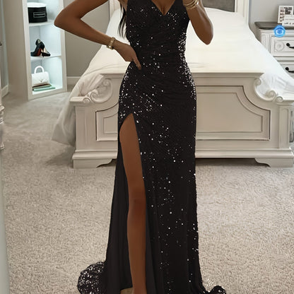Sequin Dress for Women Spaghetti Strap High Split Party Dress for Birthday Evening Events
