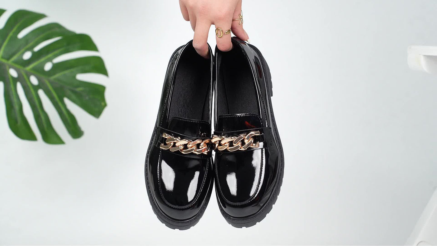 Penny Loafers for Women Chain Detail Slip On Office Shoes for Smart Casual Workwear