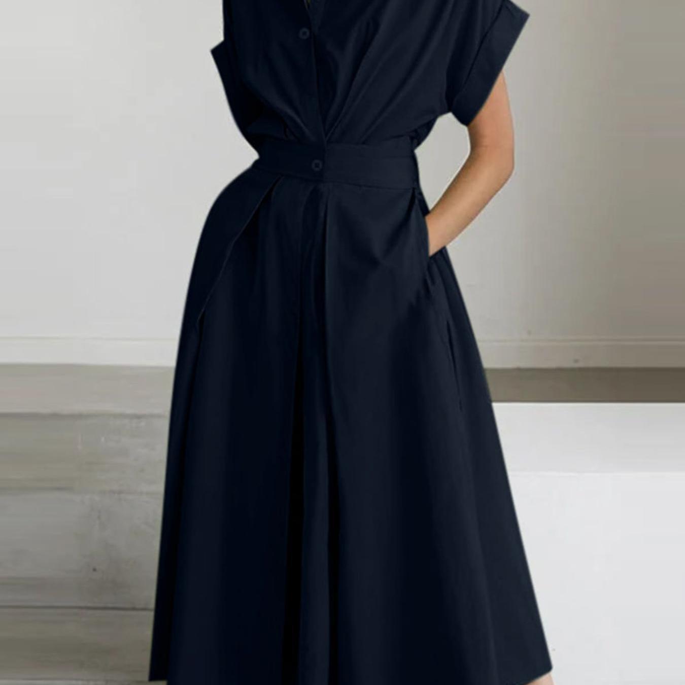 Women'S OL Style Solid Color Lapel Short Sleeve Front Buttons Up Waist Swing Street Style Easy All-Match Lightweight Casual Shirt Dress