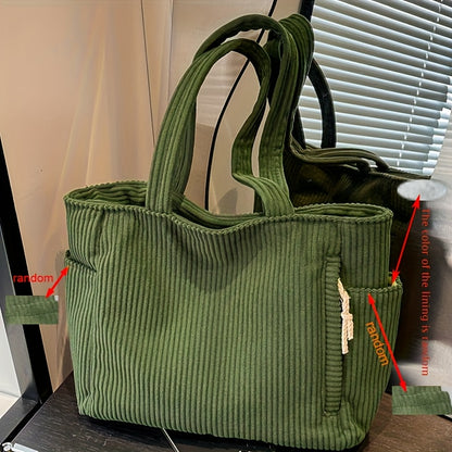 Corduroy Tote Bag for Women Multi Pocket Shoulder Bag for Commute Shopping Travel