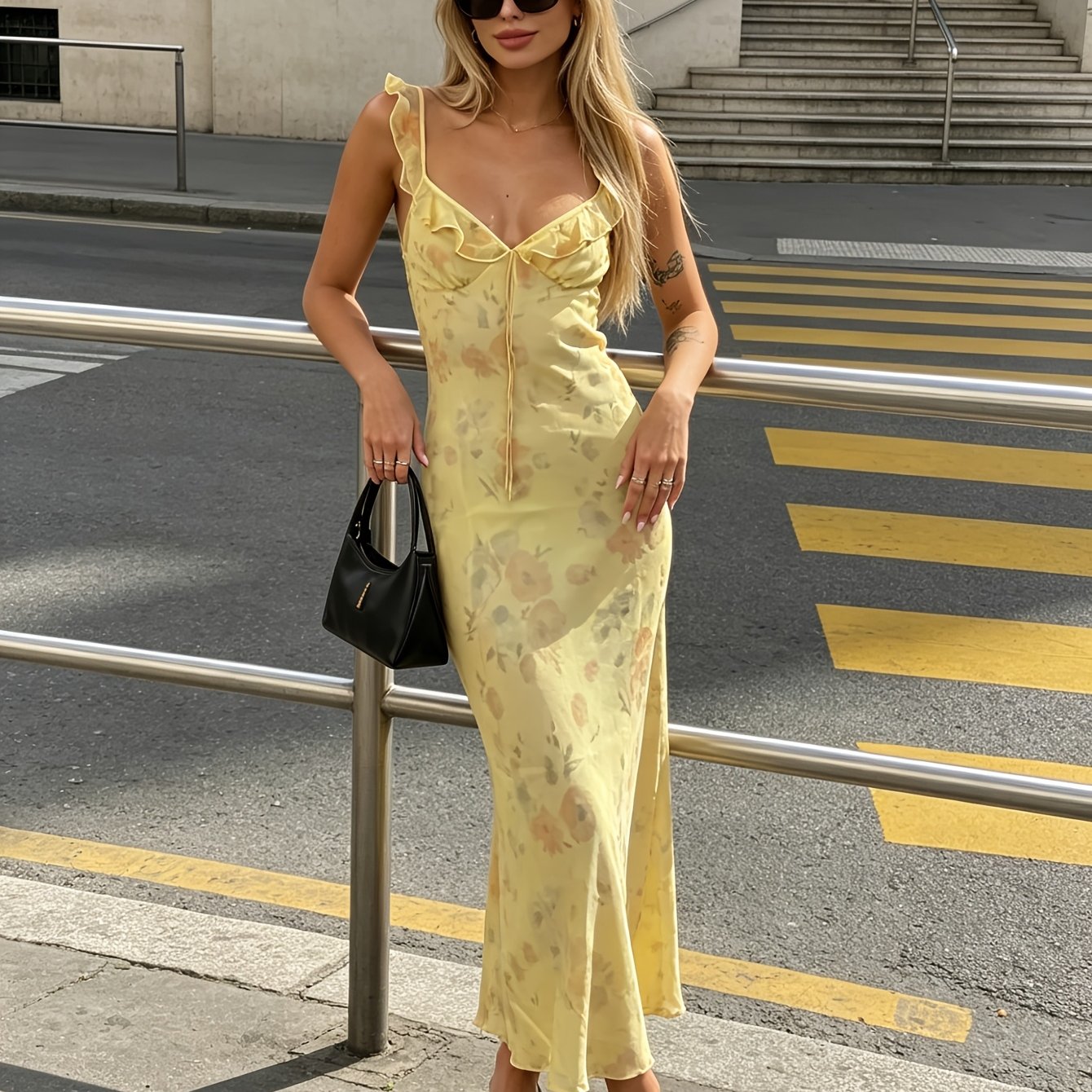 2026 Summer New Women'S Floral Print Mesh Long Lemon Yellow Adjustable Shoulder Strap Dress, French V-Neck Tie-Up Ruffle Suspender Slim Sexy Long Skirt, Vacation, Party, Beach, Music Festival, Birthday, Coming-Of-Age Ceremony